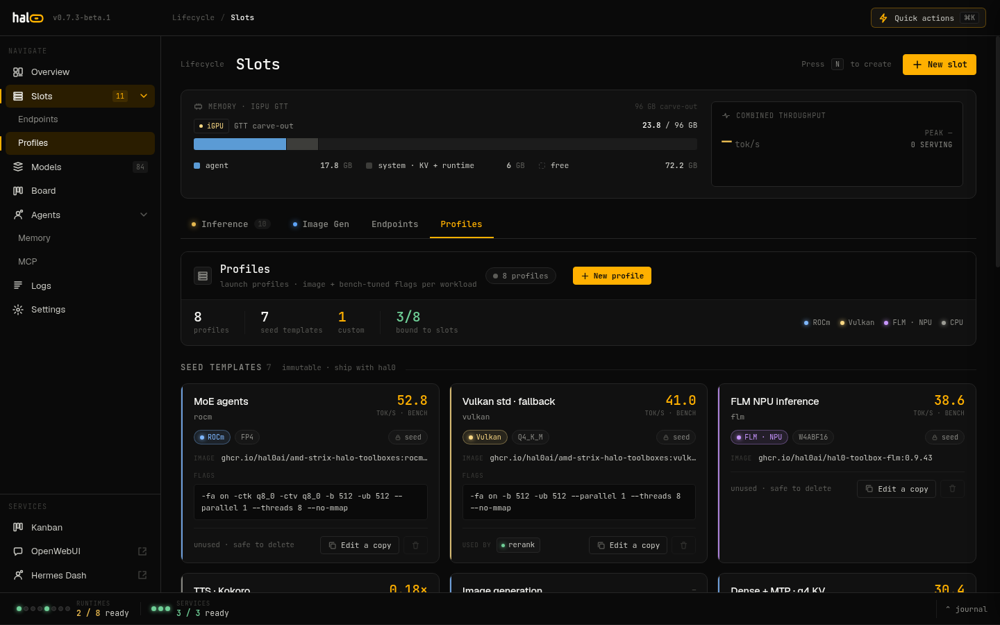 The Profiles tab in the hal0 dashboard showing seed profile cards for rocm, rocm-dnse, rocm-moe, vulkan, cuda, embed, rerank, flm, tts, tts-qwen3, cpu-llm, and comfyui with bench metrics and device class chips